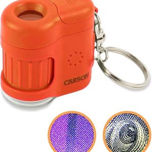 Microscópio Carson Chaveiro com Luz LED e UV, Zoom de 20x - Laranja
